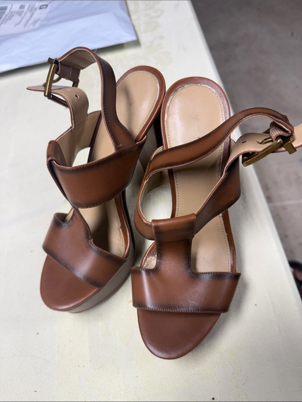 Michael Kors Cognac Leather Platform Heeled Sandals